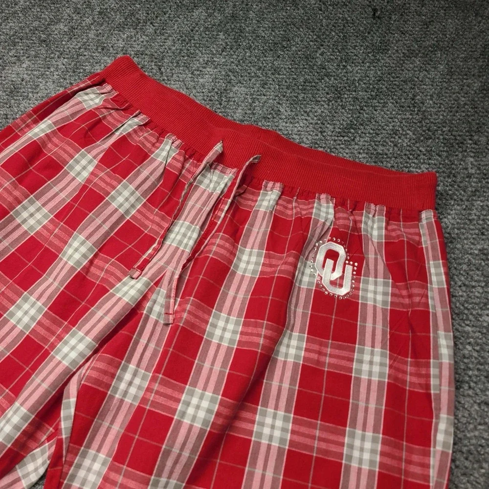 Oklahoma  Women's Pajama Pants Red Plaid Flannel Cotton Waist Size XL Rhinestone